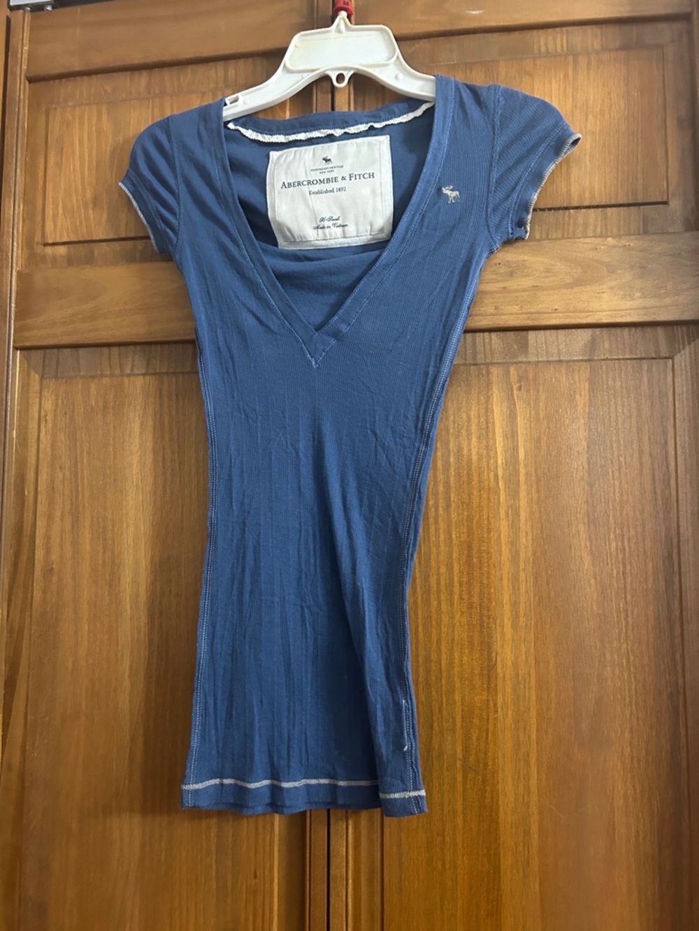 Abercrombie & Fitch Navy Blue V-Neck Ribbed Short-Sleeve Top